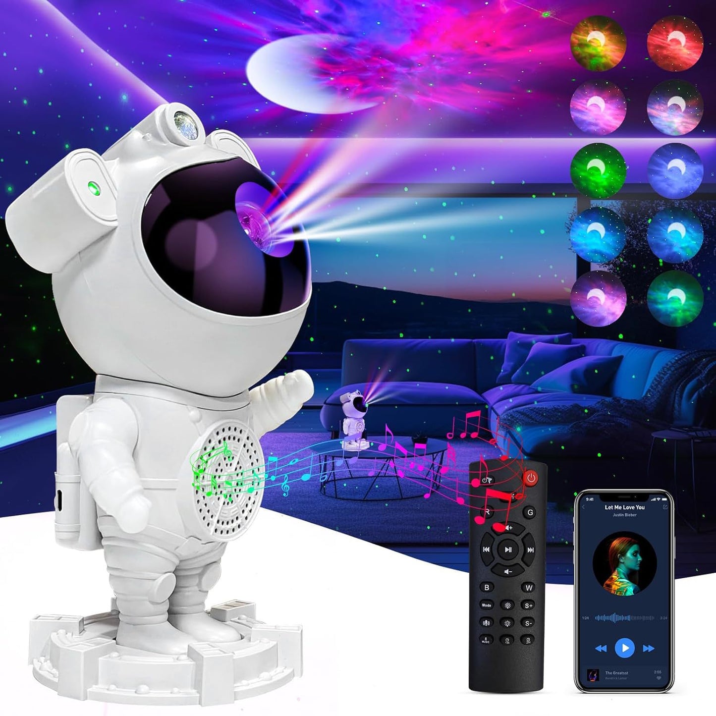 Bluetooth Quinn Astronaut Galaxy Projector with smart star light, moon projection, remote control, and timer function. Perfect for creating a cosmic ambiance in bedrooms and living spaces