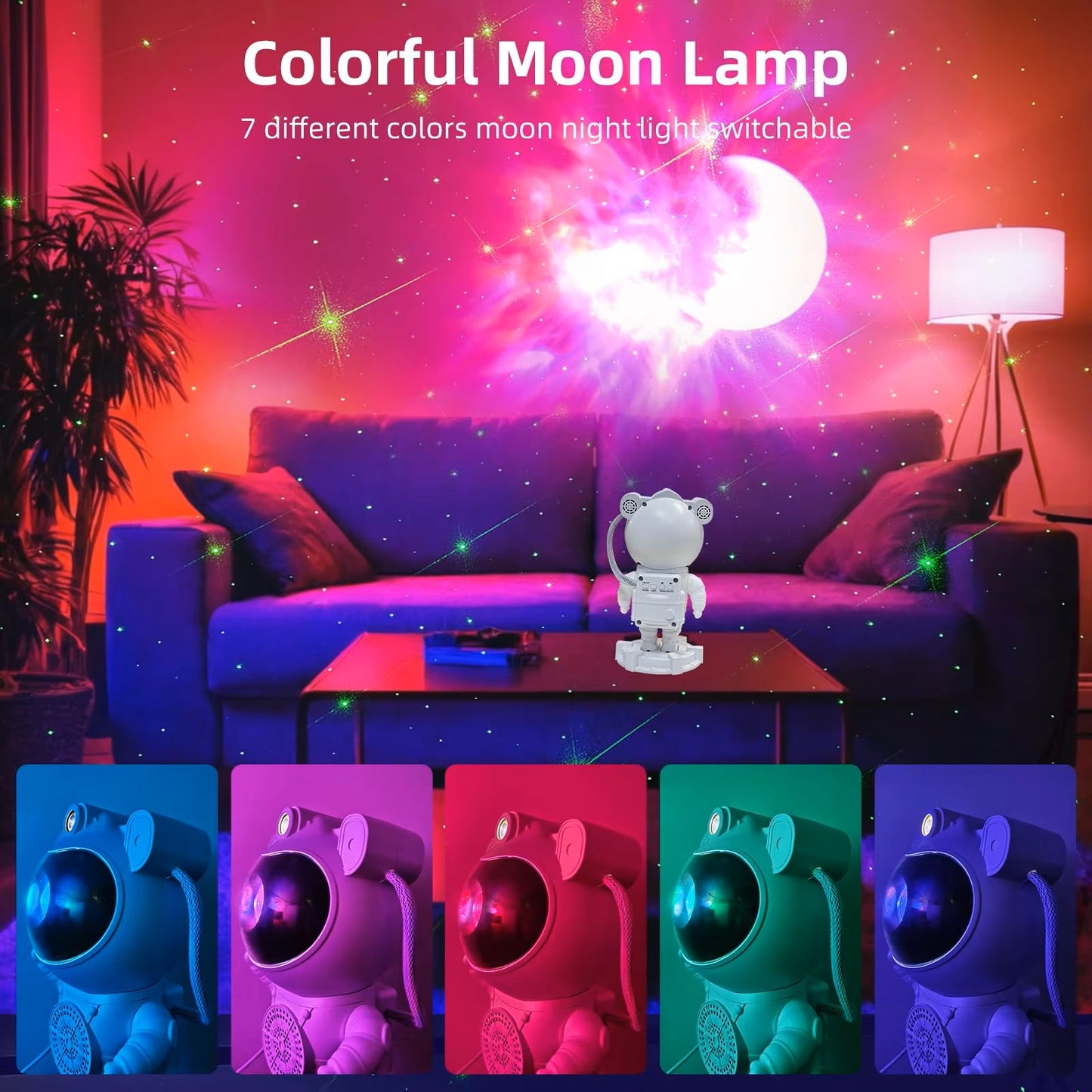 Bluetooth Quinn Astronaut Galaxy Projector with smart star light, moon projection, remote control, and timer function. Perfect for creating a cosmic ambiance in bedrooms and living spaces