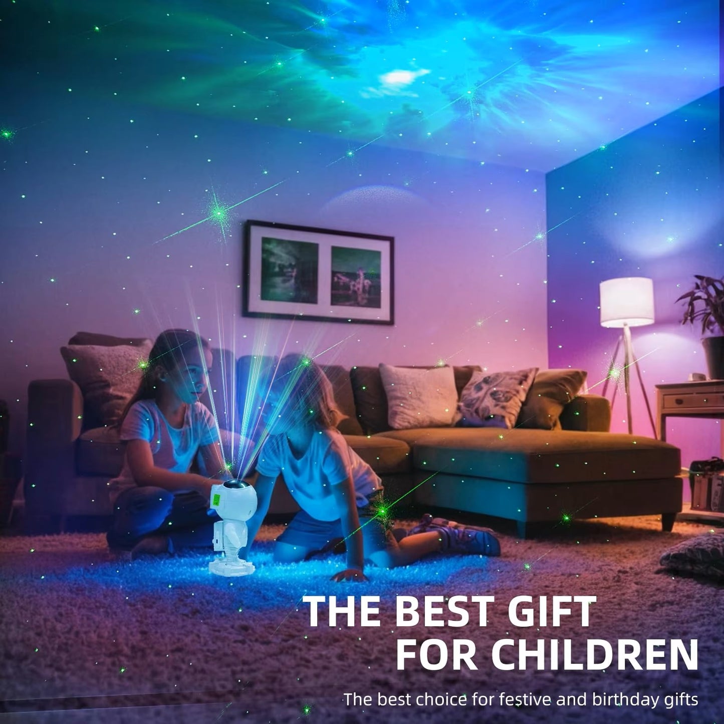 Bluetooth Quinn Astronaut Galaxy Projector with smart star light, moon projection, remote control, and timer function. Perfect for creating a cosmic ambiance in bedrooms and living spaces