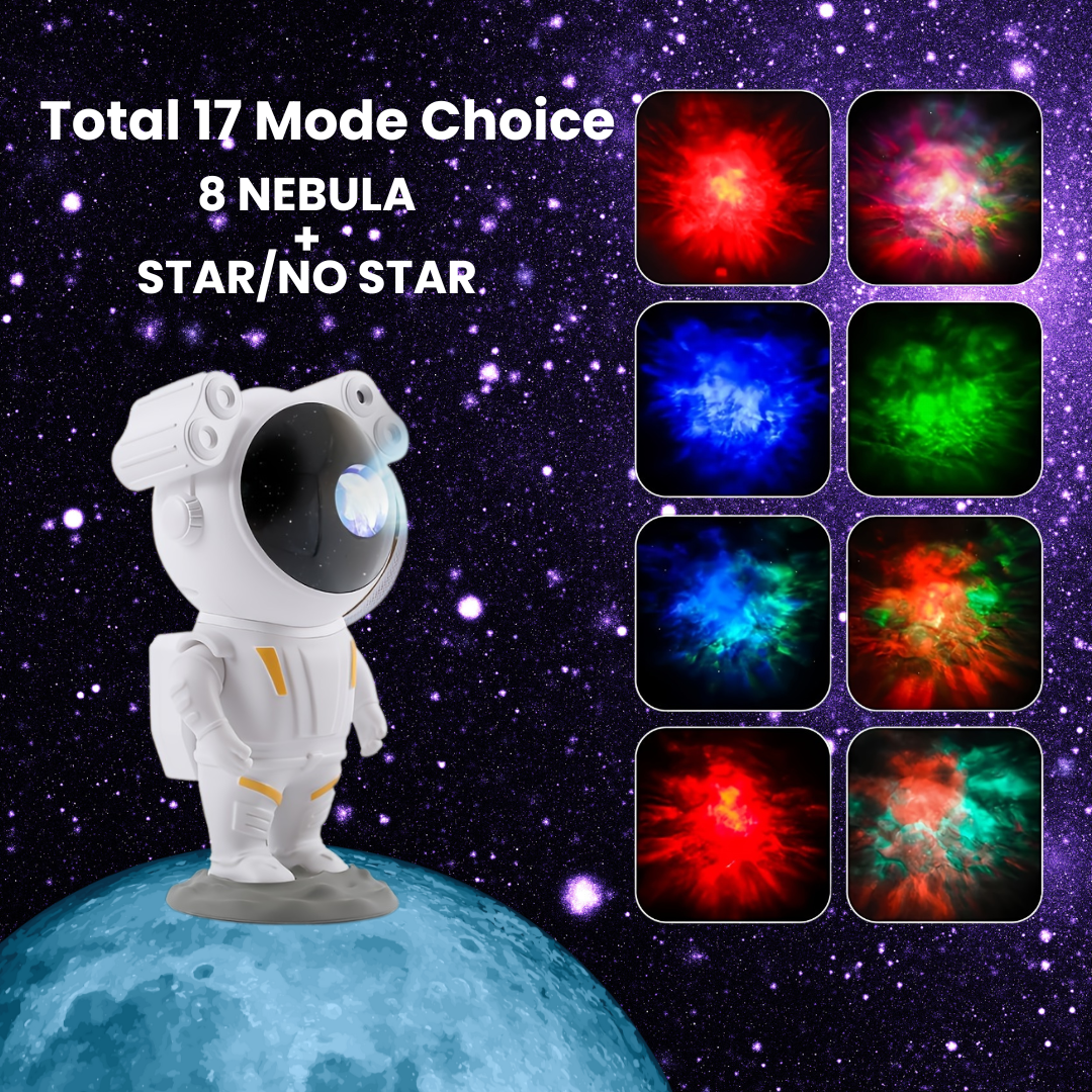 Cosmo Astronaut Galaxy Projector featuring a starry night light, smart remote control, and space-themed room decor. Ideal for bedrooms, nurseries, and relaxation spaces.