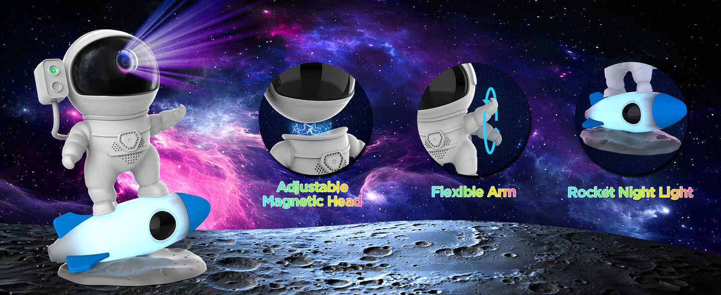 Rocket Ray Smart Astronaut Galaxy Projector with 4K star light display, 13 HD space-themed films, and LED night lamp. Perfect for creating a cosmic ambiance in bedrooms and living spaces