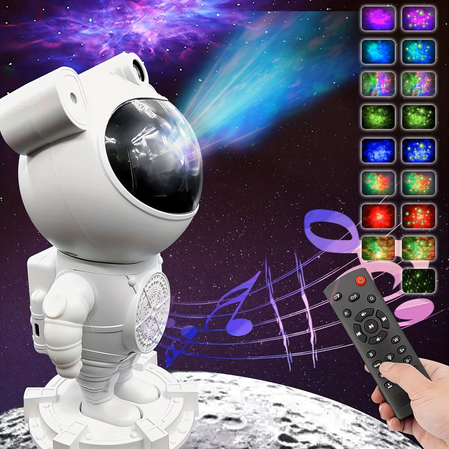 Bluetooth Quinn Astronaut Galaxy Projector with smart star light, moon projection, remote control, and timer function. Perfect for creating a cosmic ambiance in bedrooms and living spaces