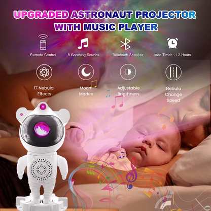Bluetooth Quinn Astronaut Galaxy Projector with smart star light, moon projection, remote control, and timer function. Perfect for creating a cosmic ambiance in bedrooms and living spaces