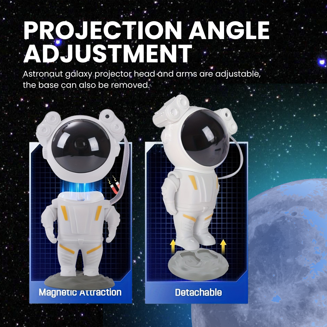 Cosmo Astronaut Galaxy Projector featuring a starry night light, smart remote control, and space-themed room decor. Ideal for bedrooms, nurseries, and relaxation spaces.