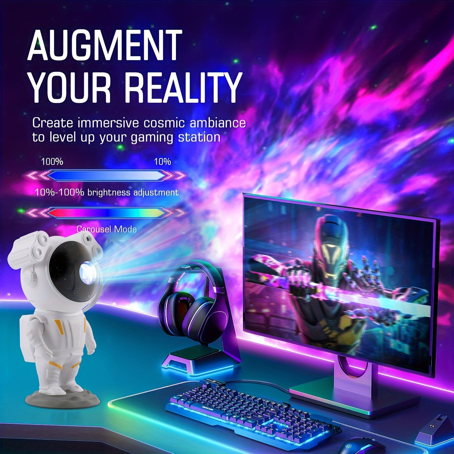 Cosmo Astronaut Galaxy Projector featuring a starry night light, smart remote control, and space-themed room decor. Ideal for bedrooms, nurseries, and relaxation spaces.