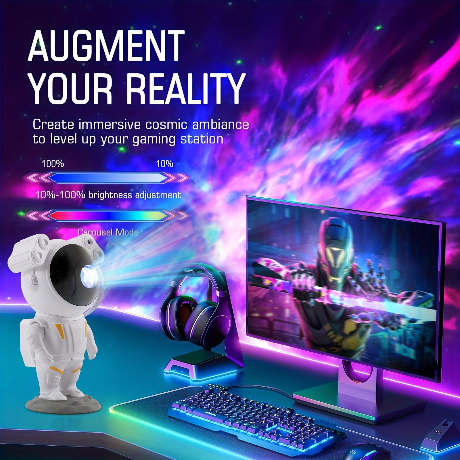Cosmo Astronaut Galaxy Projector featuring a starry night light, smart remote control, and space-themed room decor. Ideal for bedrooms, nurseries, and relaxation spaces.
