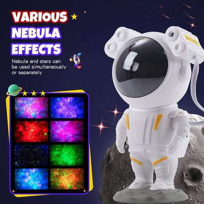 Cosmo Astronaut Galaxy Projector featuring a starry night light, smart remote control, and space-themed room decor. Ideal for bedrooms, nurseries, and relaxation spaces.