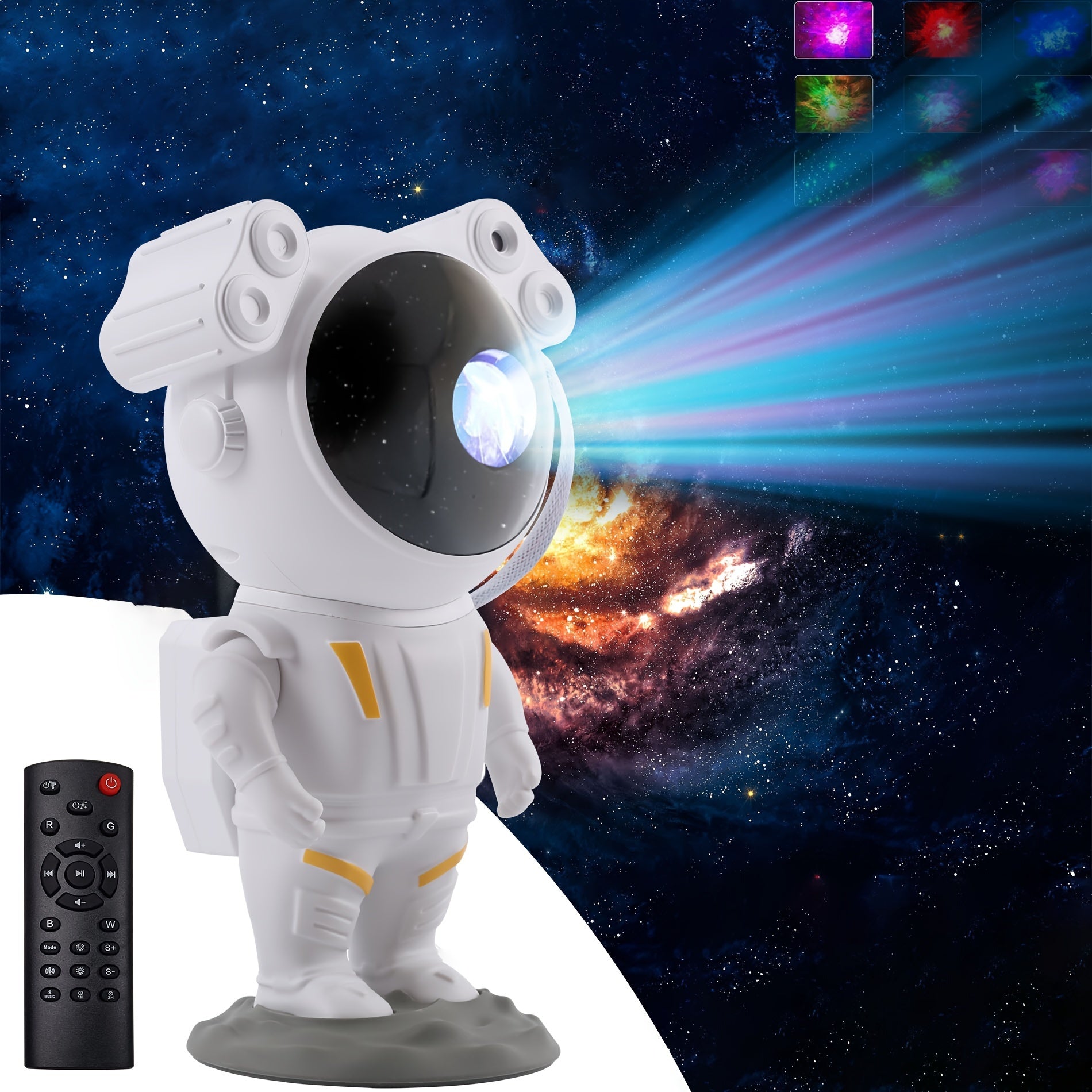 Cosmo Astronaut Galaxy Projector featuring a starry night light, smart remote control, and space-themed room decor. Ideal for bedrooms, nurseries, and relaxation spaces.