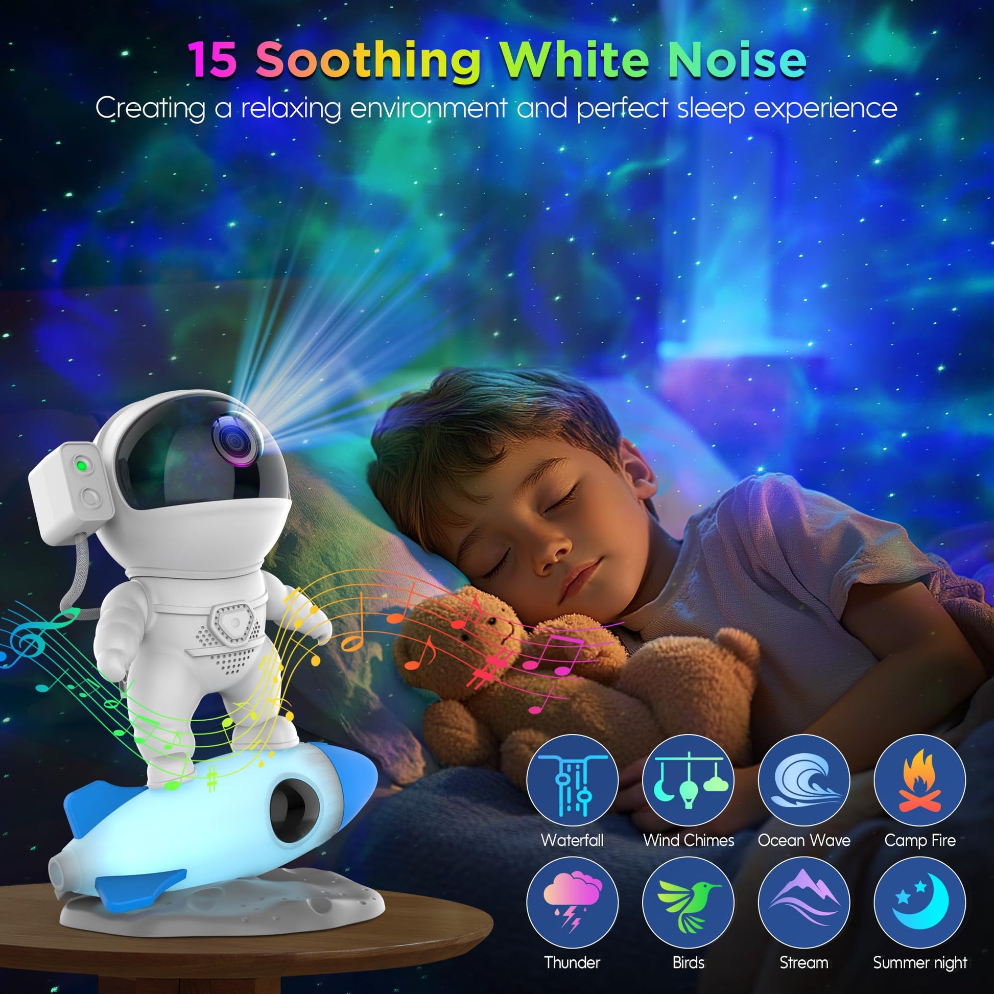 Rocket Ray Smart Astronaut Galaxy Projector with 4K star light display, 13 HD space-themed films, and LED night lamp. Perfect for creating a cosmic ambiance in bedrooms and living spaces