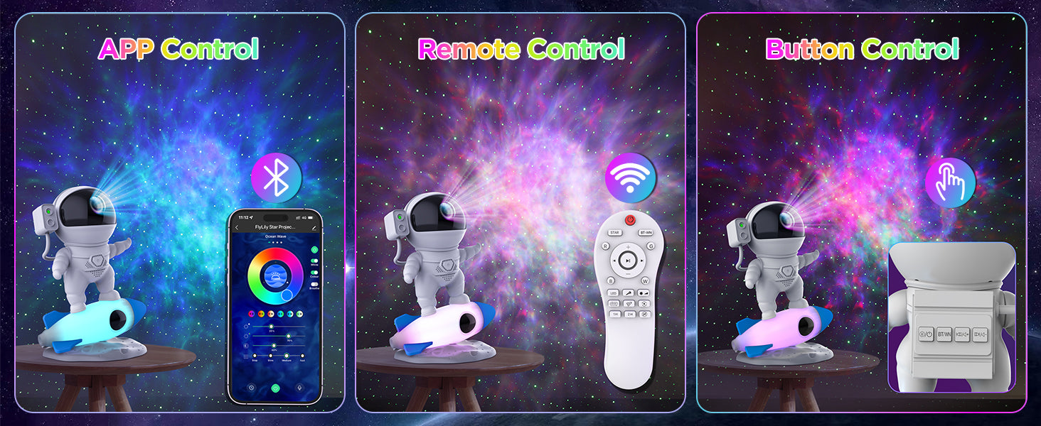Rocket Ray Smart Astronaut Galaxy Projector with 4K star light display, 13 HD space-themed films, and LED night lamp. Perfect for creating a cosmic ambiance in bedrooms and living spaces
