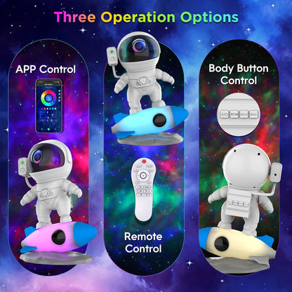 Rocket Ray Smart Astronaut Galaxy Projector with 4K star light display, 13 HD space-themed films, and LED night lamp. Perfect for creating a cosmic ambiance in bedrooms and living spaces