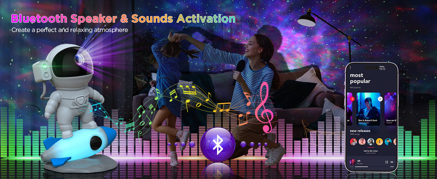 Rocket Ray Smart Astronaut Galaxy Projector with 4K star light display, 13 HD space-themed films, and LED night lamp. Perfect for creating a cosmic ambiance in bedrooms and living spaces