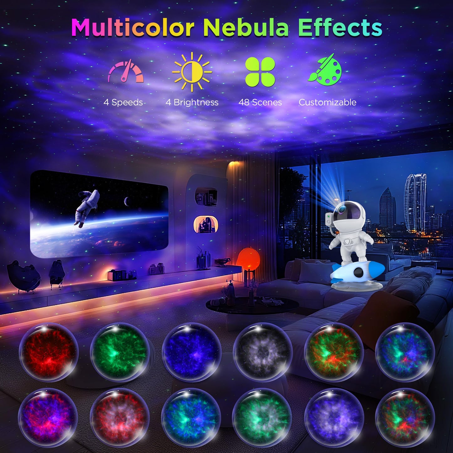 Rocket Ray Smart Astronaut Galaxy Projector with 4K star light display, 13 HD space-themed films, and LED night lamp. Perfect for creating a cosmic ambiance in bedrooms and living spaces