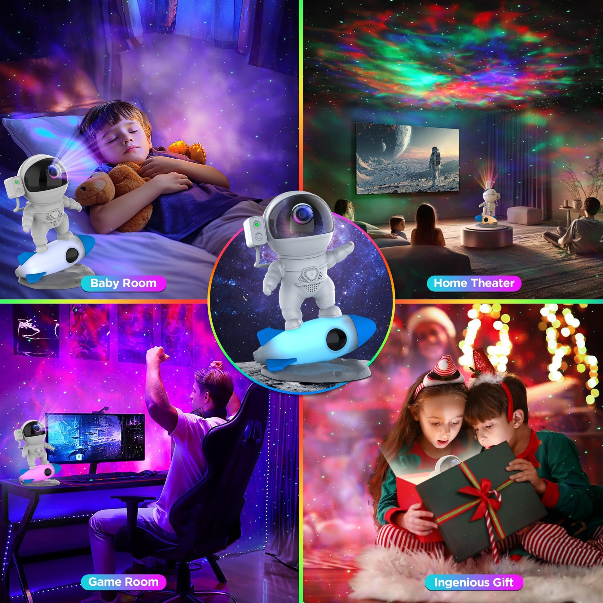 Rocket Ray Smart Astronaut Galaxy Projector with 4K star light display, 13 HD space-themed films, and LED night lamp. Perfect for creating a cosmic ambiance in bedrooms and living spaces
