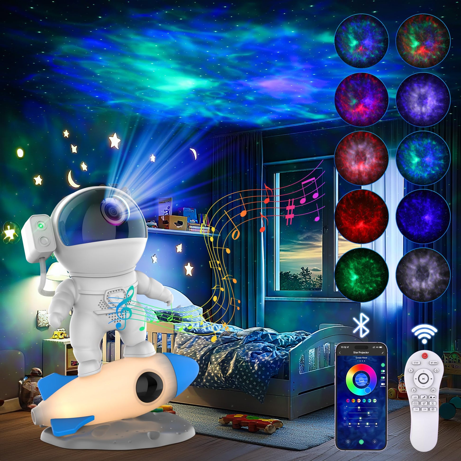 Rocket Ray Smart Astronaut Galaxy Projector with 4K star light display, 13 HD space-themed films, and LED night lamp. Perfect for creating a cosmic ambiance in bedrooms and living spaces