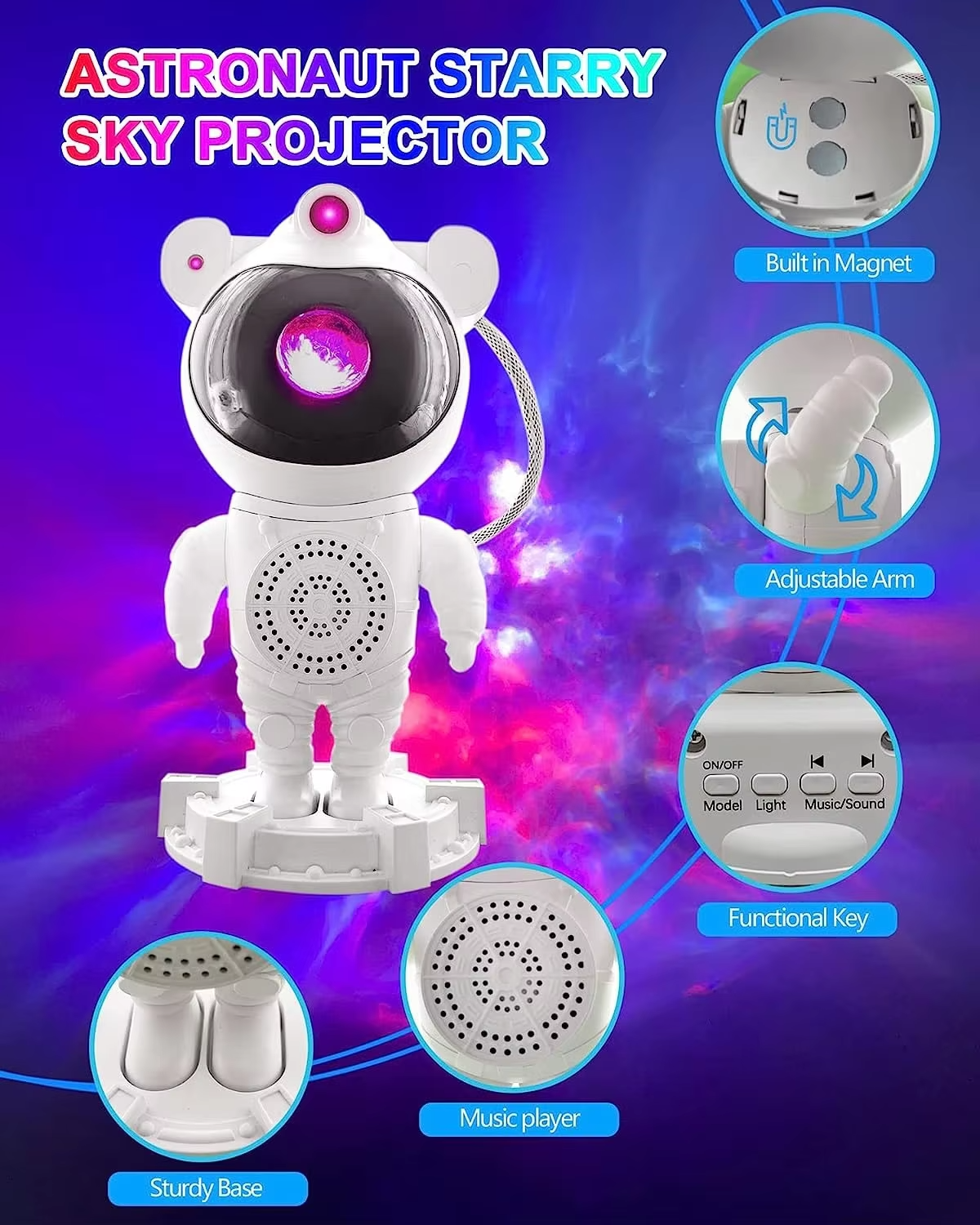 Bluetooth Quinn Astronaut Galaxy Projector with smart star light, moon projection, remote control, and timer function. Perfect for creating a cosmic ambiance in bedrooms and living spaces